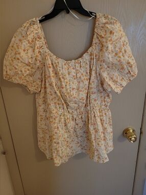 Sweet Rain Beige And Orange Floral Design Embroidered Blouse Womens 2XL